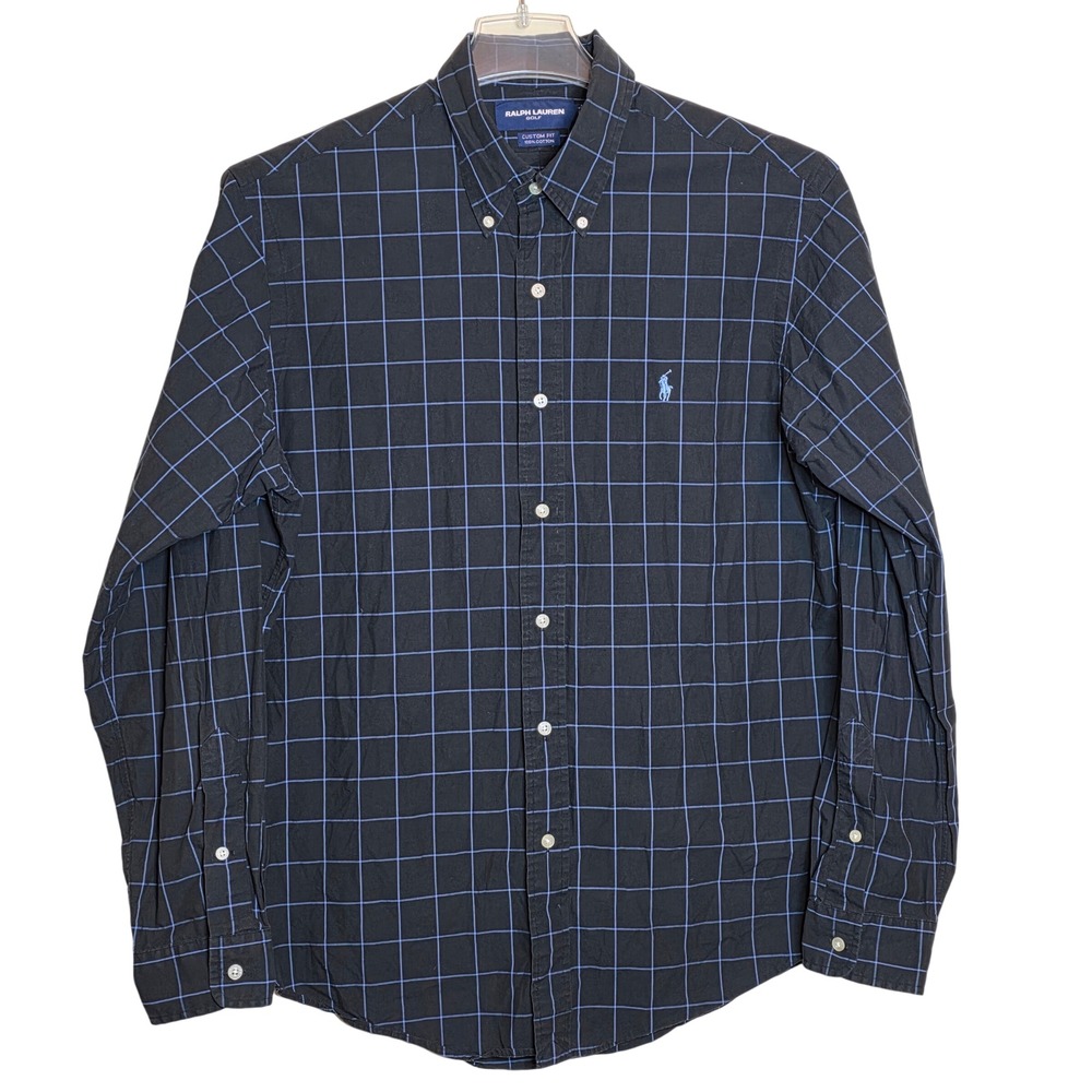 Ralph Lauren Golf Mens Large Custom Fit Long Sleeve Black Blue Plaid Button Down